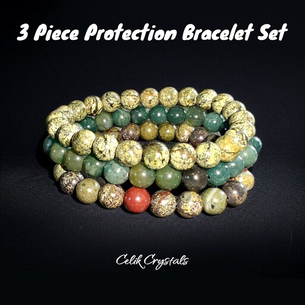 3 Piece Jasper and Moss Agate Set Unisex 8mm